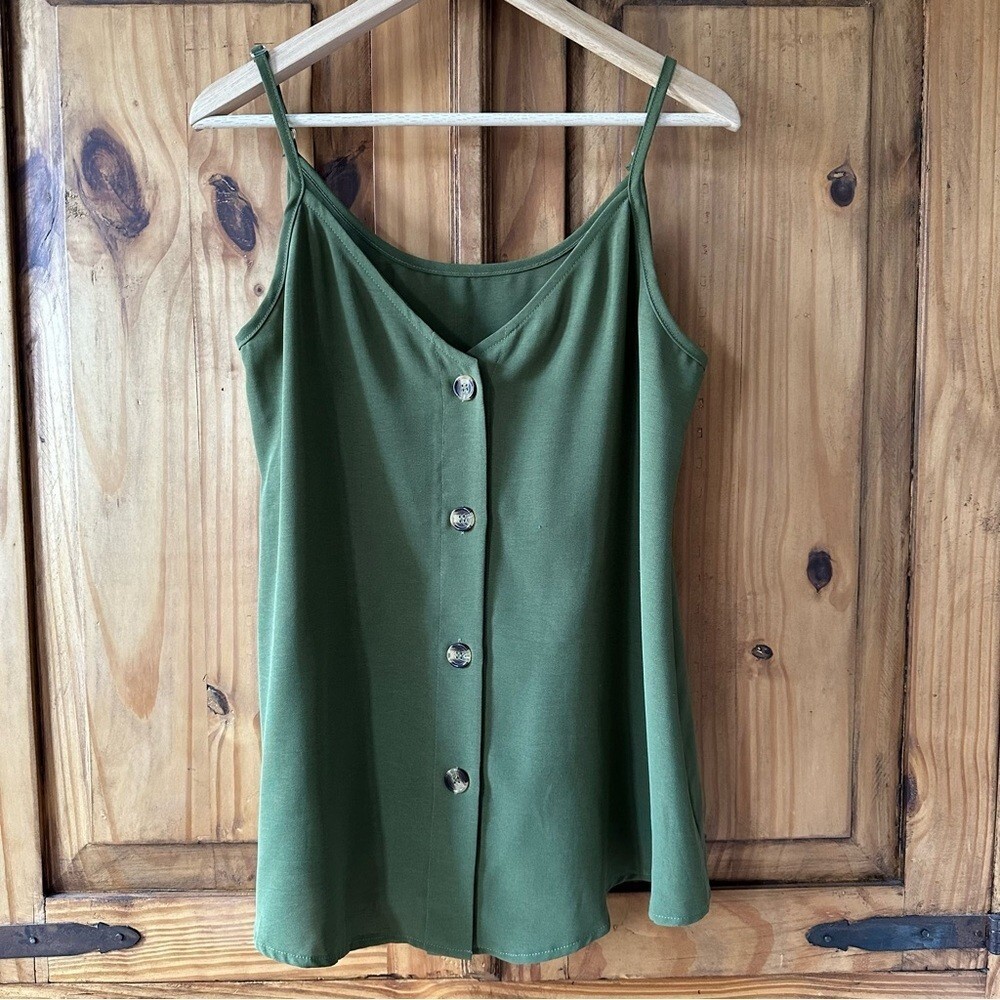 A-Line Olive Green Button-Down Sleeveless Blouse Thin Straps Tank Top